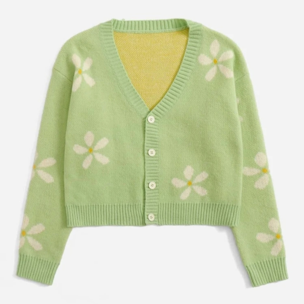 Green Floral Crop Cardigan